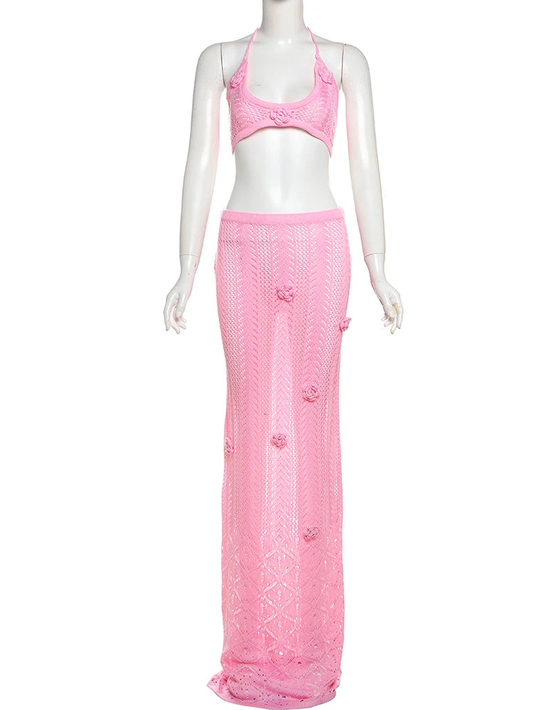 Beach Crochet Women Summer 2 Piece Set Applique Halter Bandage Camisole+Maxi Skirts Sexy Matching Vacation Clubwear