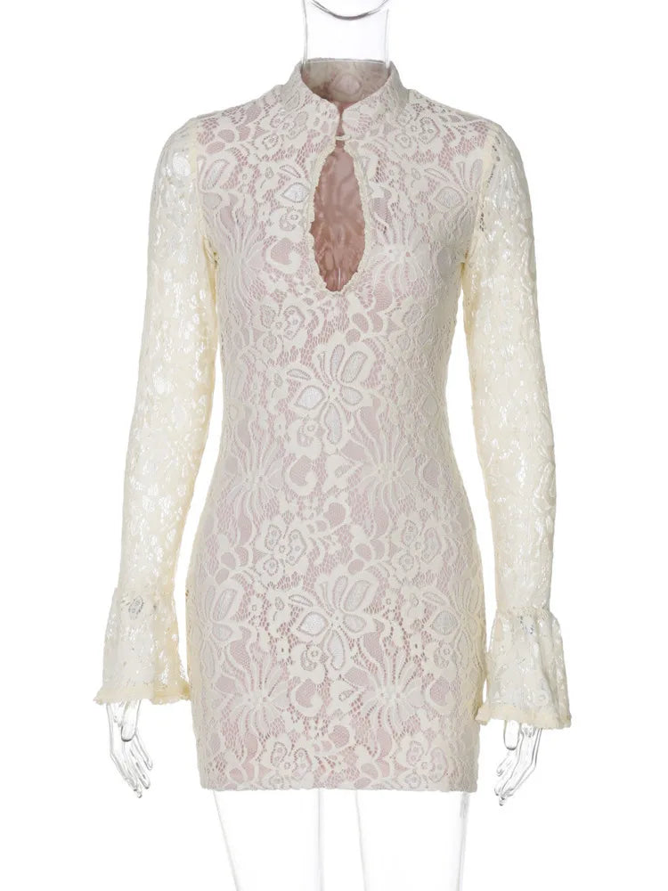 Lace Hollow Out Long Sleeve Sexy Mini Dress For Women Fashion Half High Collar Bodycon Club Party Dress Elegant Dresses