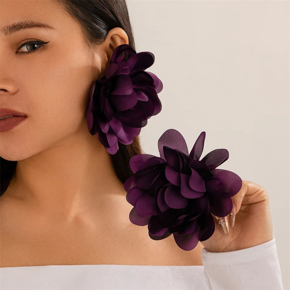 Exaggerated Big Silks Satins Flower Stud Earrings Women Elegant Petal Fluffy Fabric Pierced Earring Y2K Jewelry Wed Accessories