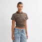 Womens Short Sleeve T-Shirt Stripe Print Buttons Collared Slim Fit Shirts Stylish Summer Casual Tops Streetwear