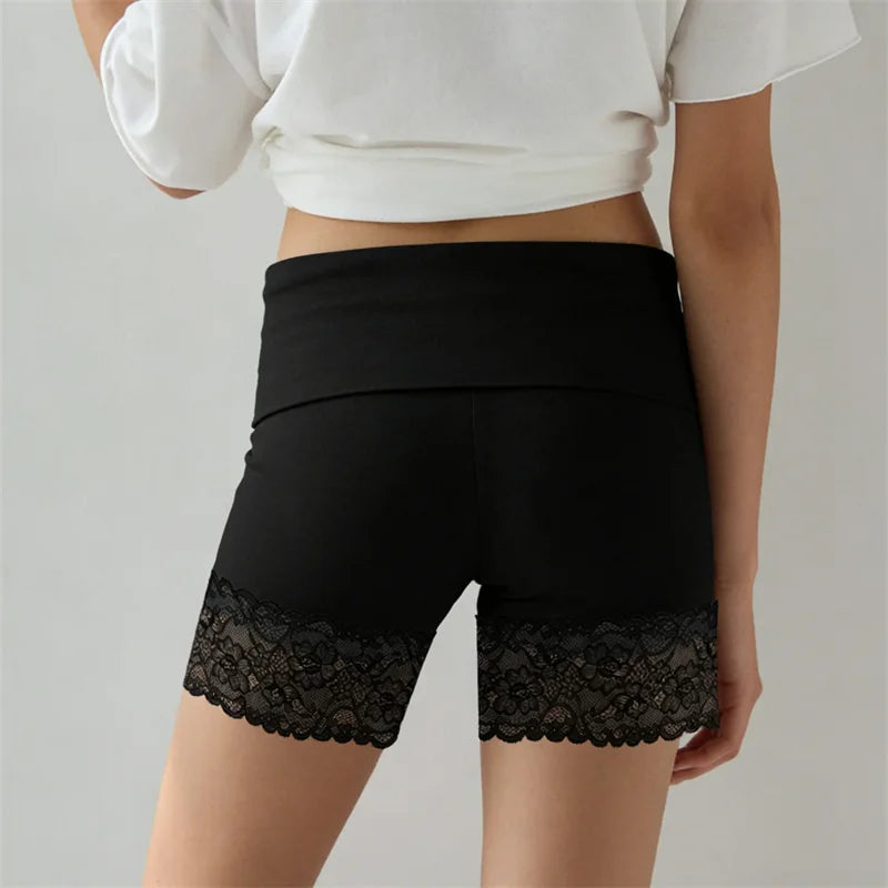 Chic Y2K Style Fold Over Waist Lace Trim Biker Shorts for Women Solid Color Soft Safety Shorts Casual Daily Loungewear