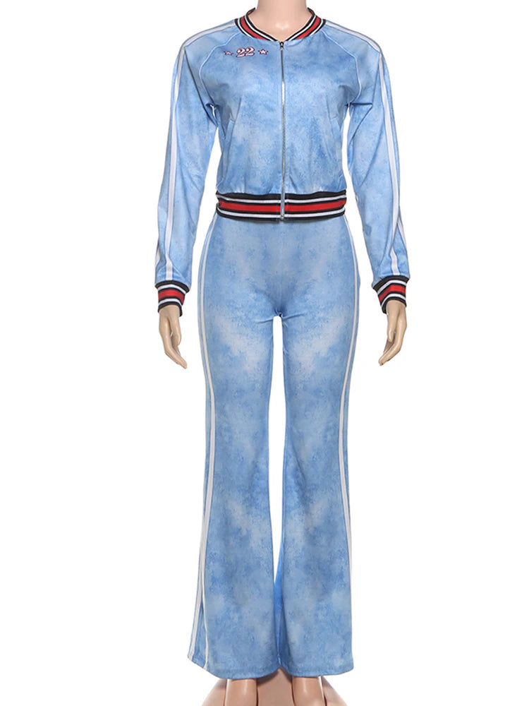 Tie-Dye Print Women Tracksuit 2 Piece Set Print Zip Crop Jacket+Straight Pants Matching Streetwear Casual Sporty Suit