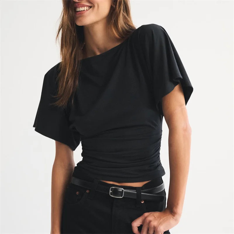 Women's Boat Neck Flutter Sleeve Ruched Side Cropped T-Shirt Solid Color Slim Fit Casual Short Sleeve Top for Summer