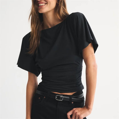 Women's Boat Neck Flutter Sleeve Ruched Side Cropped T-Shirt Solid Color Slim Fit Casual Short Sleeve Top for Summer