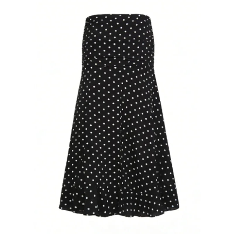 Polka Dot Floor-length Chiffon Skirt French Style Ruffled Mesh A-line Skirts Elegant Maxi Bottoms High Waist Streetwear