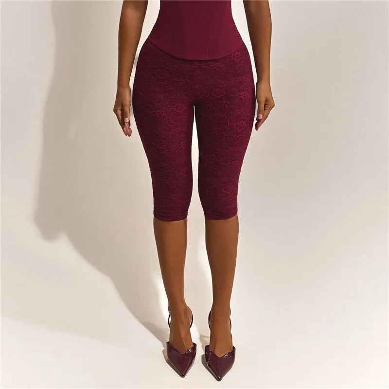 Elegant Women Floral Embossed Lace Capri Leggings High Waist Slim Stretch Knee Cropped Pants Solid Daily Casual Bottoms