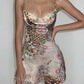 Leopard Flower Print Dress Women Low-Neck Skinny Sleeveless Skinny Sexy Midnight Summer Fashion Hottie Mini Bodycon