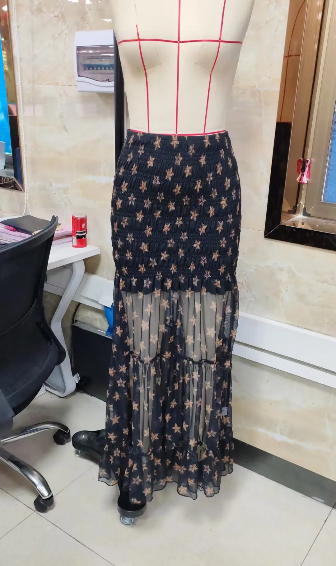 Coquette Star Print Maxi Skirt Women High Waist Smocked Tiered Ruffle Hem Semi Sheer Y2K Aesthetic Casual Streetwear