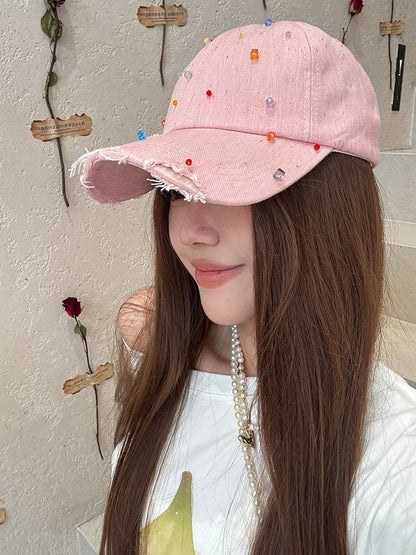 Women's Distressed Denim Baseball Cap with Colorful Beads, Light Blue Frayed Brim Hat for Beach, Sweet Street Accessory