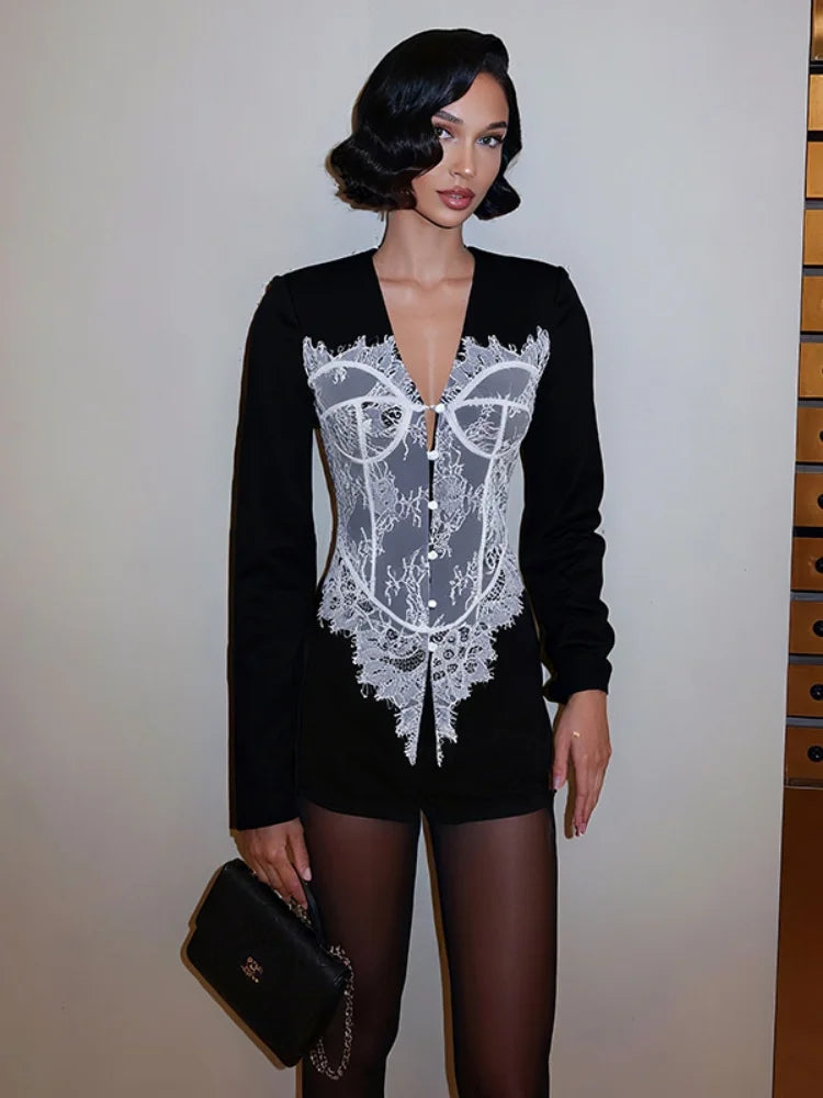 Lace Patchwork Black Blazer for Woman Jacket Long Coat Fall 2025 Fashion Elegant Tops for Woman Luxury