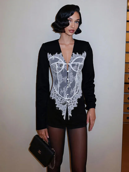 Lace Patchwork Black Blazer for Woman Jacket Long Coat Fall 2025 Fashion Elegant Tops for Woman Luxury