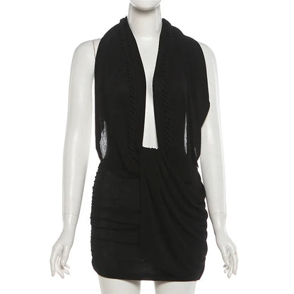 Sexy Women Mini Halter Dress Slim Solid Ruched Deep V Neck Open Back Short Bodycon Dresses for Party Clubwear