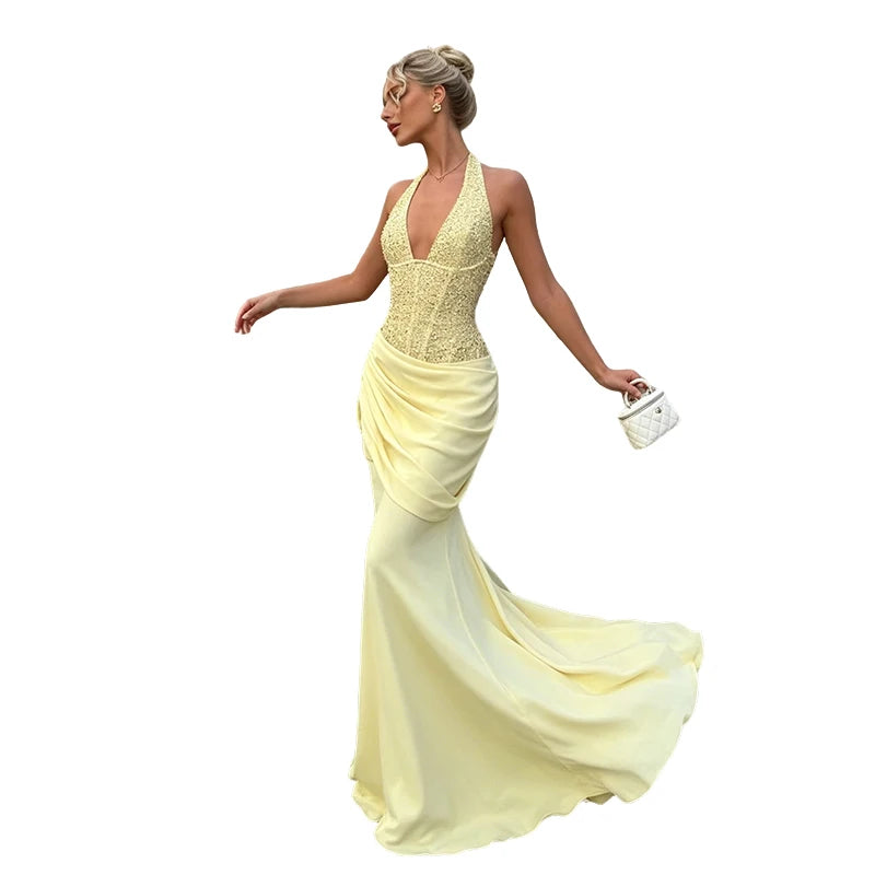 Dinner Party Patchwork Dress Women Fake Diamond Decoration Halter v-Neck Backless Folds Elegant Vacation Chic Vestidos
