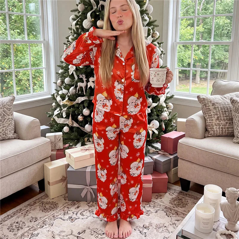 Satin Women Christmas Pajama Set Ruffle Trim Long Sleeve Shirt And Pants Santa Candy Cane Print Holiday Sleepwear