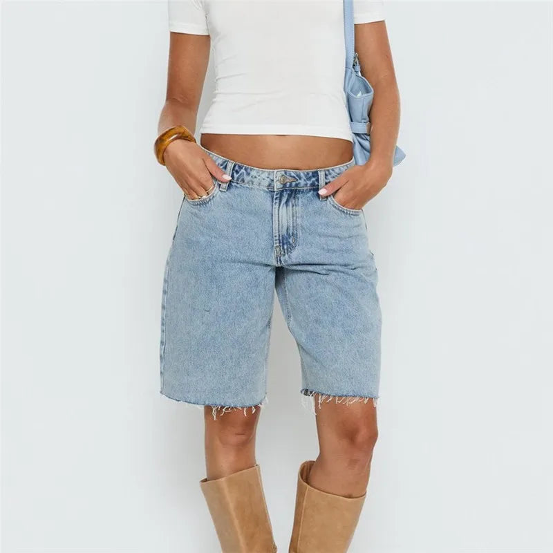 Women Loose Fit Denim Shorts Elegant Solid Color Zip Fly with Button Closure Bermuda Jean Shorts for Beach Daily Wear