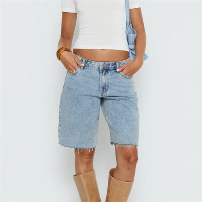Women Loose Fit Denim Shorts Elegant Solid Color Zip Fly with Button Closure Bermuda Jean Shorts for Beach Daily Wear