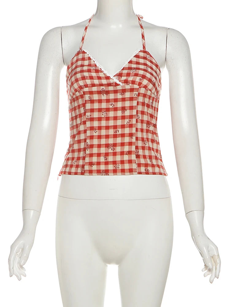 Plaid Camisole Women Halter Backless Patchwork Lace Side Slit Skinny Hottie Daily Midnight Classic Sweet V-Neck Vest