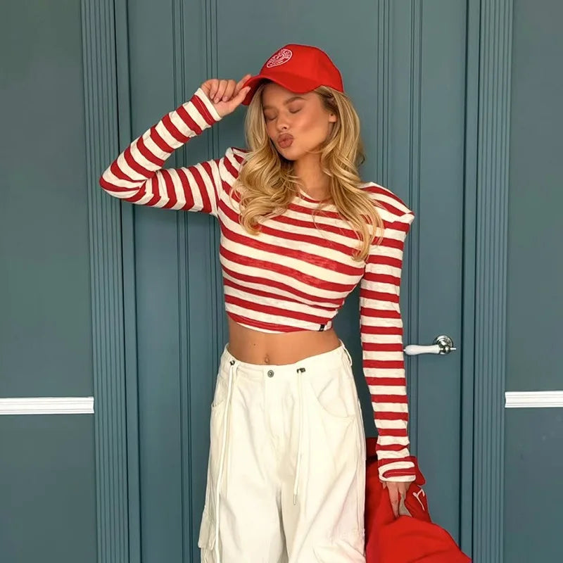 Red and White Striped Long Sleeve Crop Top Street Fashion T Shirt for Woman Autumn Clothes 2026