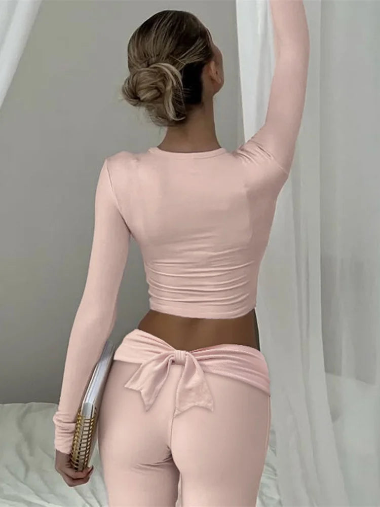 Autumn New Trend Women 2 Piece Set Tracksuit Bow Crop Tops+Flare Pants Matching Streetwear Simple Casual Stretch Outfits