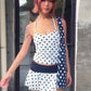 Simple Polka Dot Print 2-Piece Set Women Halter Low-Neck Camisole+Patchwork Folds Skirts Skinny Sweet Street Suit