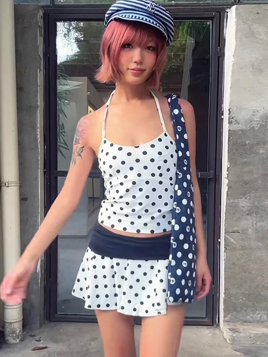 Simple Polka Dot Print 2-Piece Set Women Halter Low-Neck Camisole+Patchwork Folds Skirts Skinny Sweet Street Suit