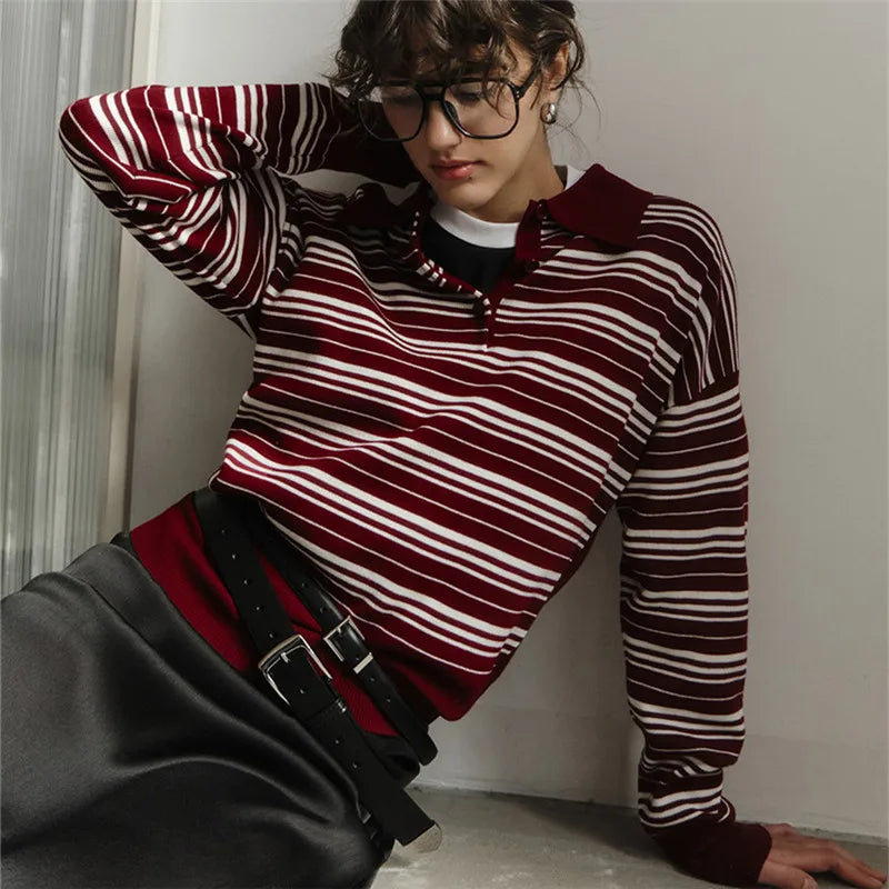 Striped Sweater Women Long Sleeve Button Front Pullover Casual Crew Neck Tops Pullover Sweatshirt Fall Winter Outwear