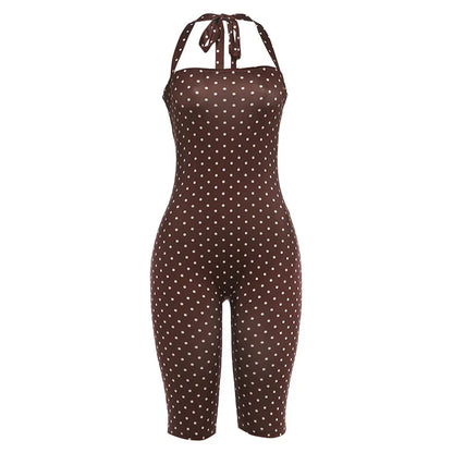 Polka Dot Print Backless Rompers Woman Summer Sexy Bandage Halter Sleeveless Skinny Peach Hip Streetwear Playsuits