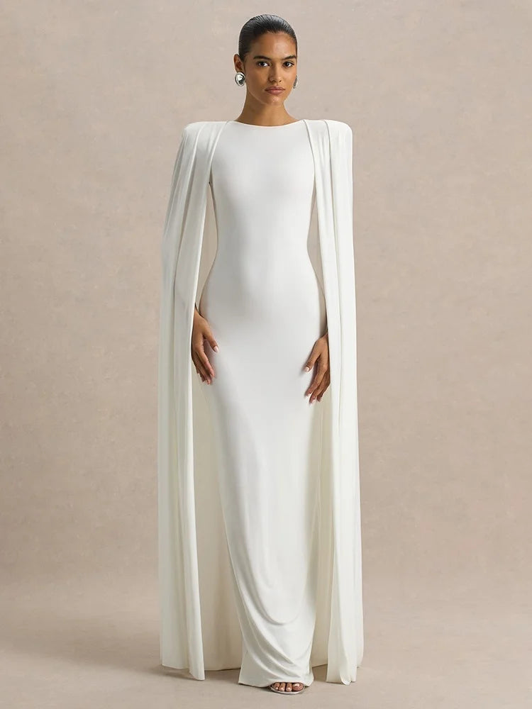 White Slashed-Neck Maxi Dress with Cape Sleeve Women's Winter Elegant Evening Party Dresses