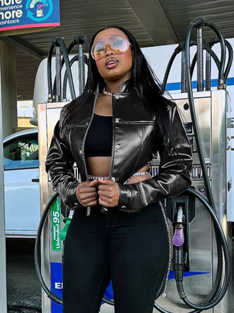 Irregular PU Jacket Women Sexy Stand Collar Magnetic Snap Button Chic Waistless Street Clubwear Hipster Autumn Coat