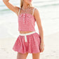 Women Gingham Plaid 2 Piece Outfit Spaghetti Strap Button Front Crop Cami Top Bubble Mini Skirt Summer Beach Vacation
