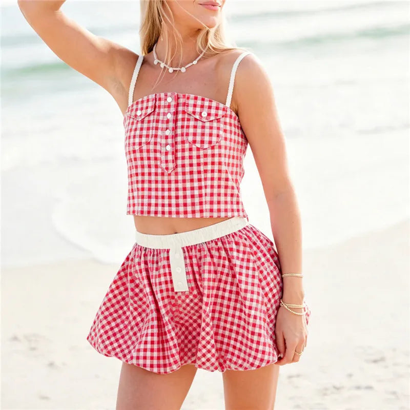 Women Gingham Plaid 2 Piece Outfit Spaghetti Strap Button Front Crop Cami Top Bubble Mini Skirt Summer Beach Vacation