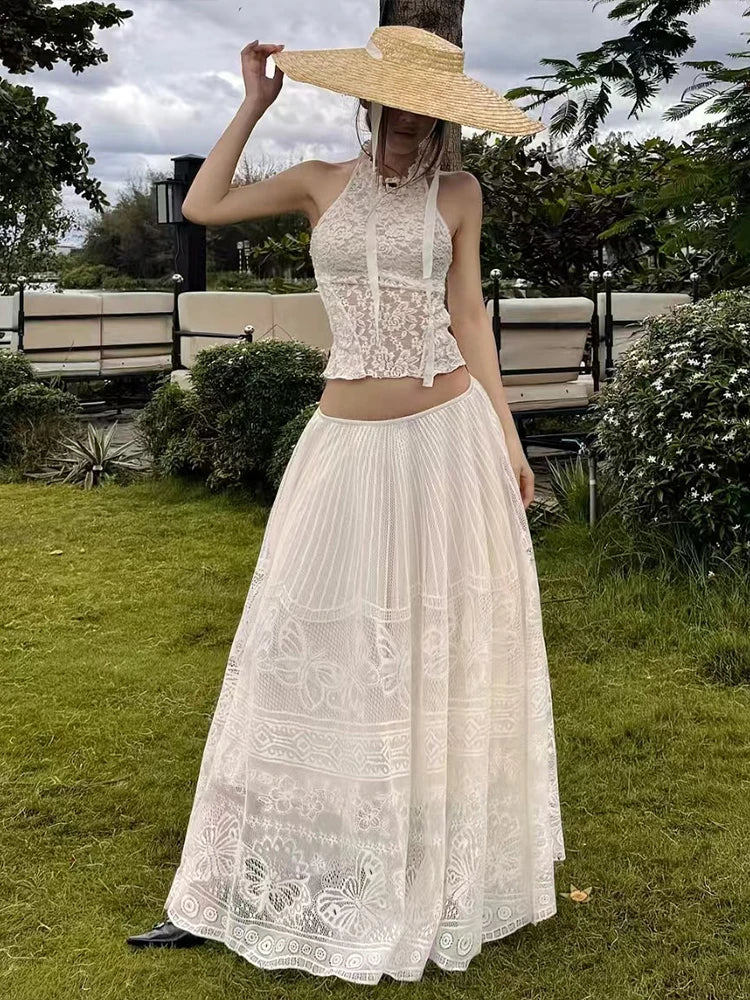 Jacquard Elegant 2-Piece Set Women Skinny Sexy Tank Tops+Drapes Long Skirts Banquet Vacation Matching Clubwear Suit