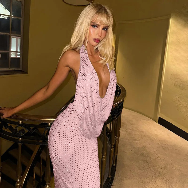 Women Rhinestone Halter Maxi Dress Cowl Neck Open Back Sleeveless Bodycon Party Club Evening Gown Sparkly Formal Dress