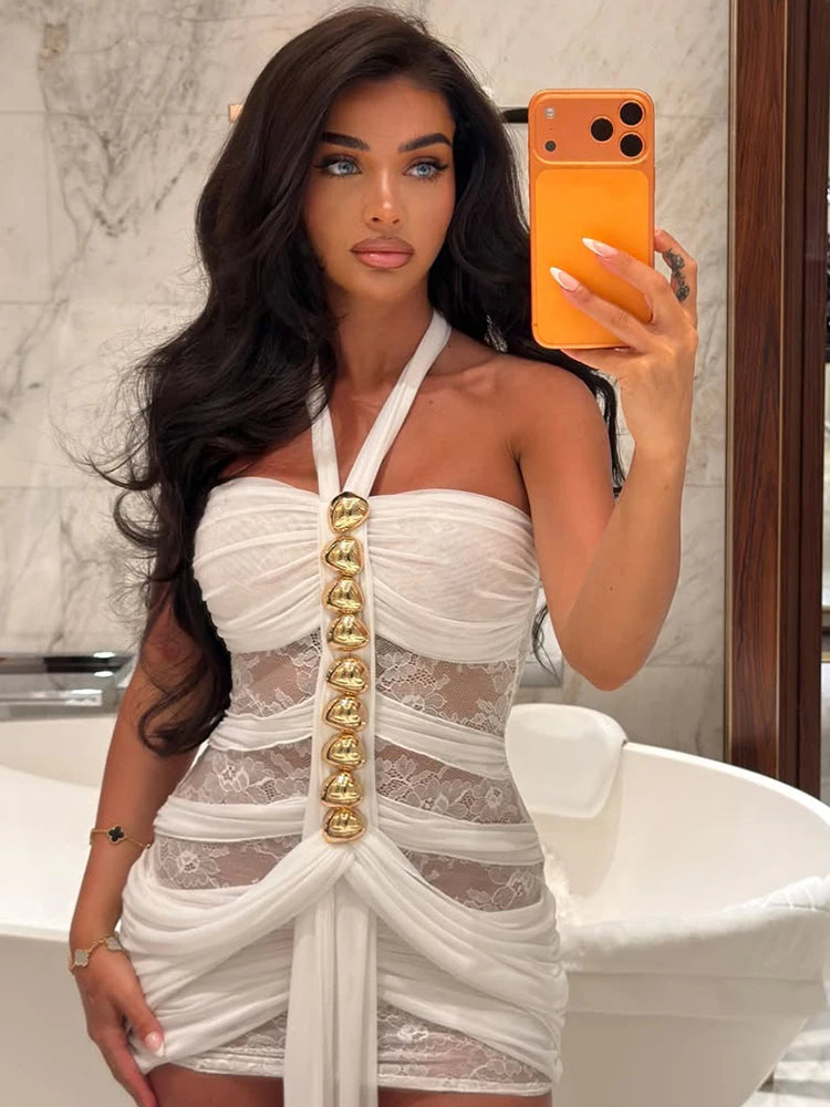 Mesh Patchwork Mini Dress Woman Metal Decoration Halter Off Shoulder Backless Ribbon Prom Party Sexy Fashion Bodycon