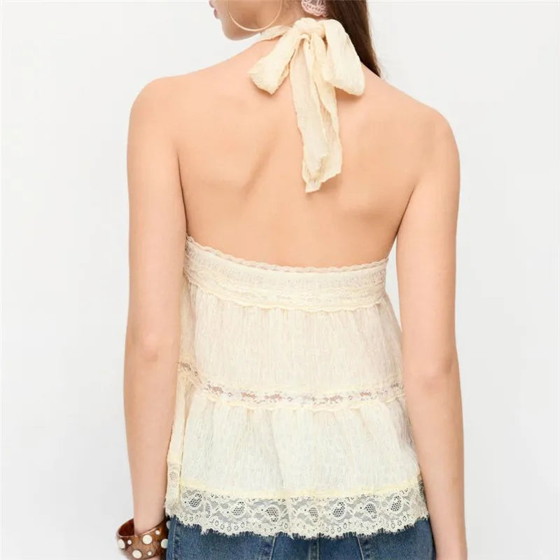 Y2K Halter Top for Women Lace Trim Tiered Backless Blouse Tie Neck Bohemian Style Vacation Beach Retro Streetwear