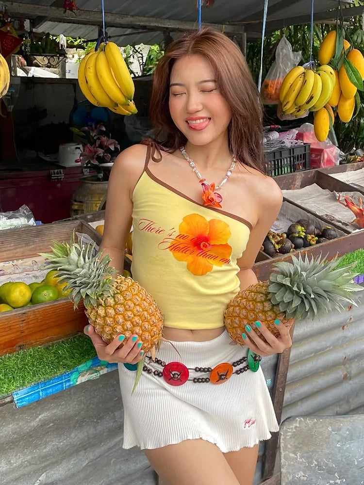 Y2K Sweet Style Tank Tops Women Flower Print Off Shoulder Shirring Backless Vacation Trend Beach Party Skinny Outfits