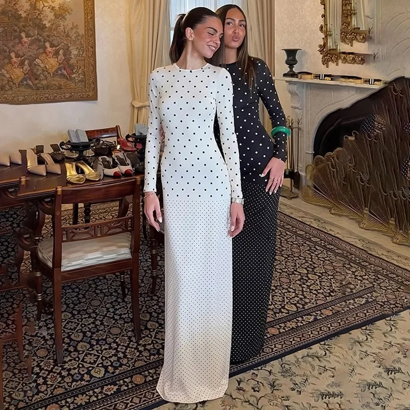 Black Long Sleeve Maxi Dress with White Polka Dot 2026 Fall Dresses for Woman Elegant Clothing