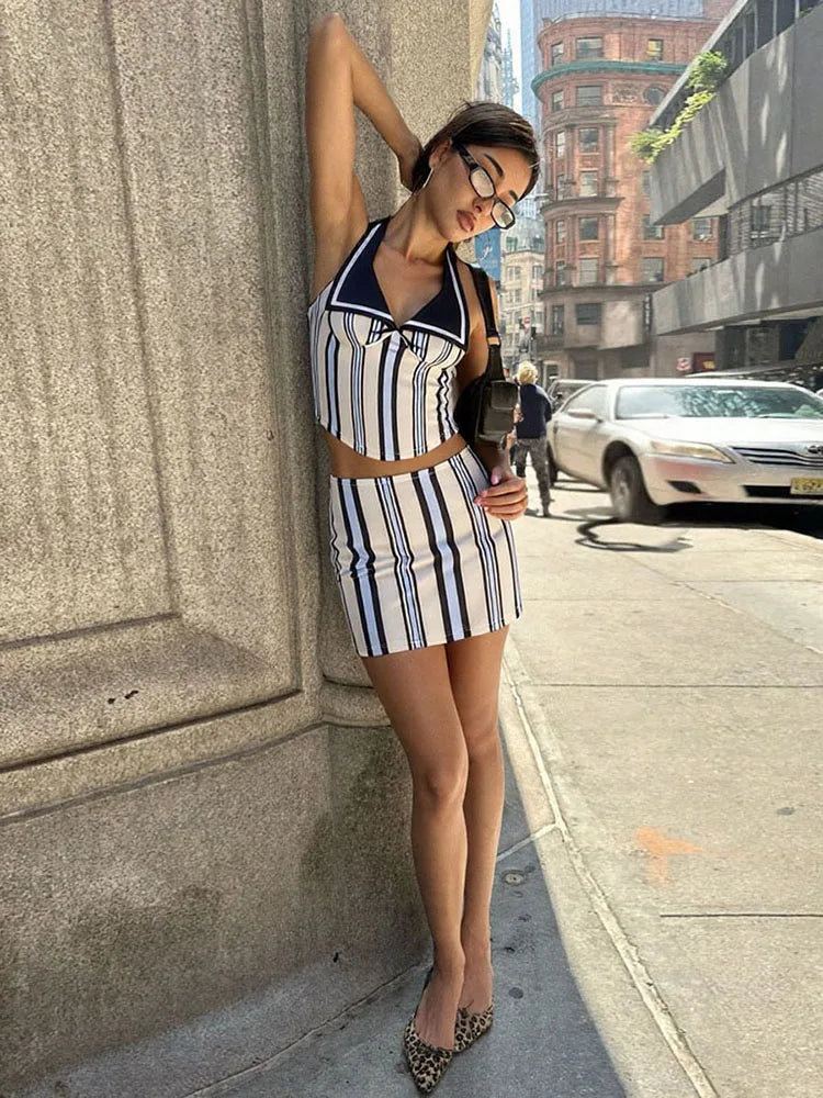 Stripe Print Women 2 Piece Set Summer Backless Low-Neck Halter Tank Tops+Skirts Fashion Vacation Streetwear Outfits