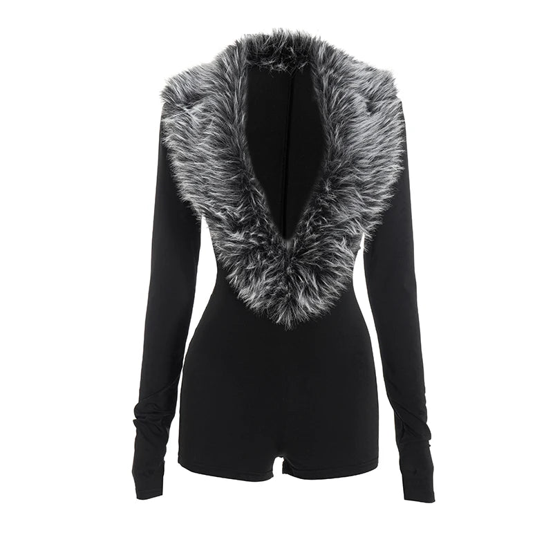 Luxury Fur Deep V Collar Romper Women Full Sleeve Sexy Skinny Fitness Activity Streetwear Hipster Workout Playsuit