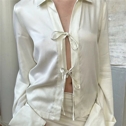 Elegant Satin Lapel Collar Shirt Women Long Sleeve Flare Cuff Tie Front Blouse Solid Color Silky V Neck Lace Up Cardigan