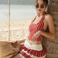 Stripe Print 2-Piece Set Women Halter Bandage Backless Crop Top+Patchwork Lace Tierred Skirt Beach Vacation Outfits