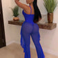 Summer 2 Piece Set Women Sexy Hollow See Through Bodysuit Top+Ruffles Pants Vacation Beach Matching Clubwear Outfits