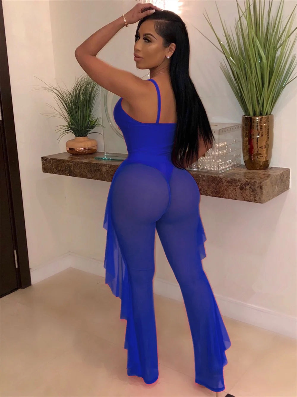 Summer 2 Piece Set Women Sexy Hollow See Through Bodysuit Top+Ruffles Pants Vacation Beach Matching Clubwear Outfits