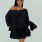 Lace Up Off Shoulder Long Sleeve Mini Dress Boho Loose Dresses for Woman Clothes Fall 2025