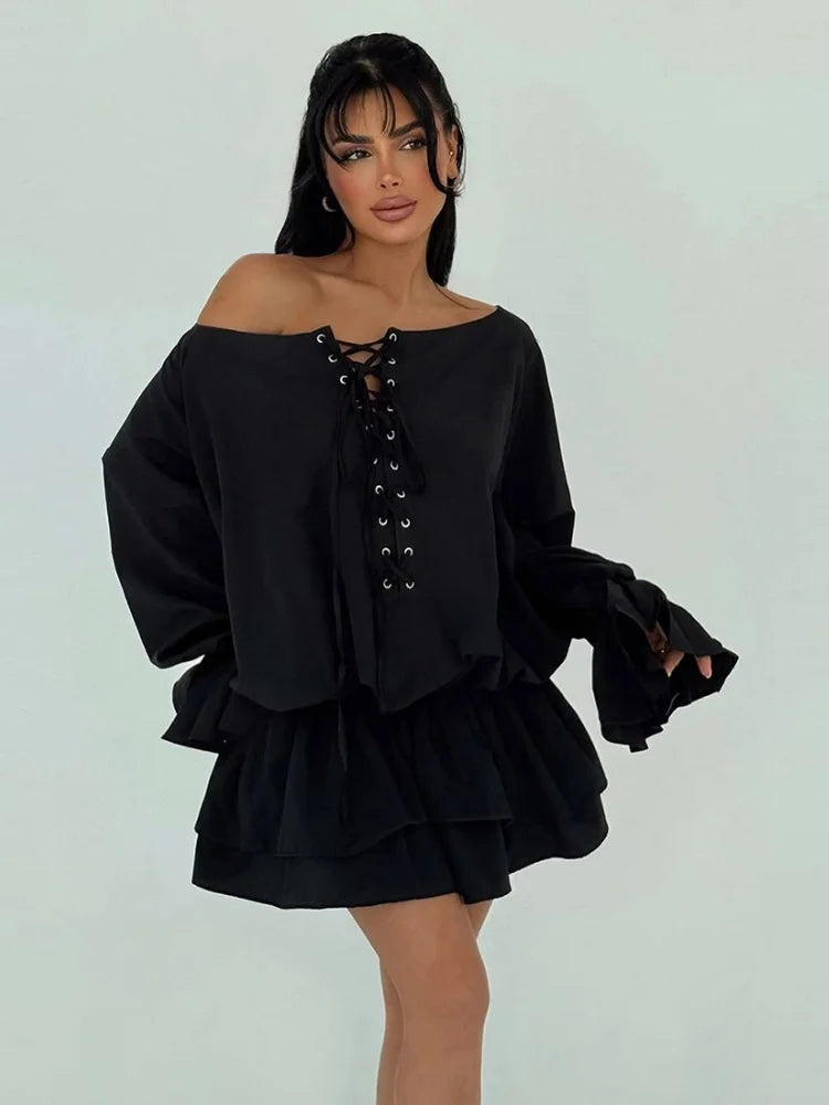 Lace Up Off Shoulder Long Sleeve Mini Dress Boho Loose Dresses for Woman Clothes Fall 2025