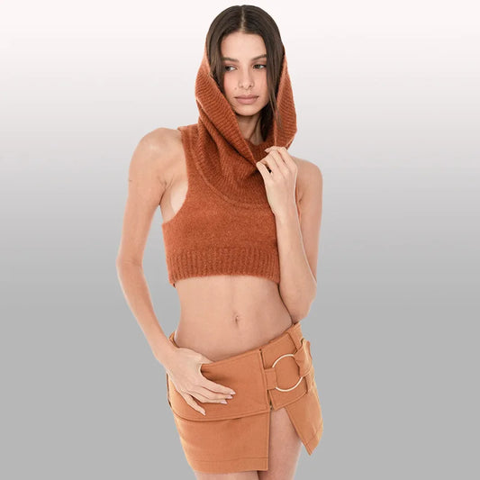 High Neck Hooded Tank Top Women Streetwear Y2k Sexy Knit Sleeveless Crop Tops Summer Clothes Women 2024