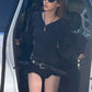 Fashion 2-Piece Set Women v-Neck Full Sleeve Folds Skinny t-Shirt+Elastic Waist Asymmetrical Hem Short Hottie Suit