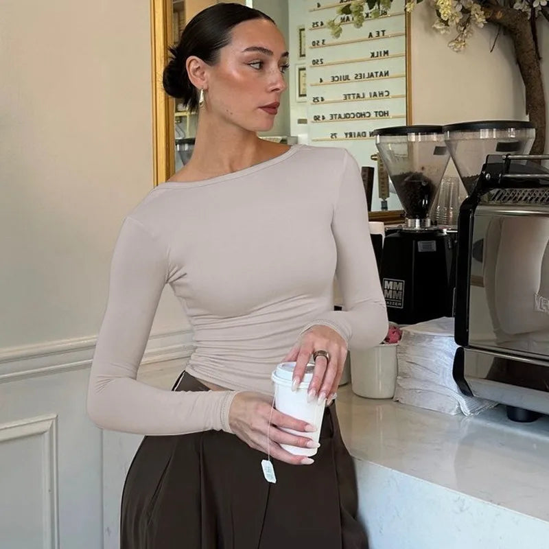 Solid Color Backless Long Sleeve Top Popular Clothing Woman Fall 2025 Ladies T Shirts