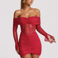 Off-shoulder Strapless Backless Sexy Mini Dress Women Gown Elegant Lace See Through Long Sleeve Ruched Club Party Dress