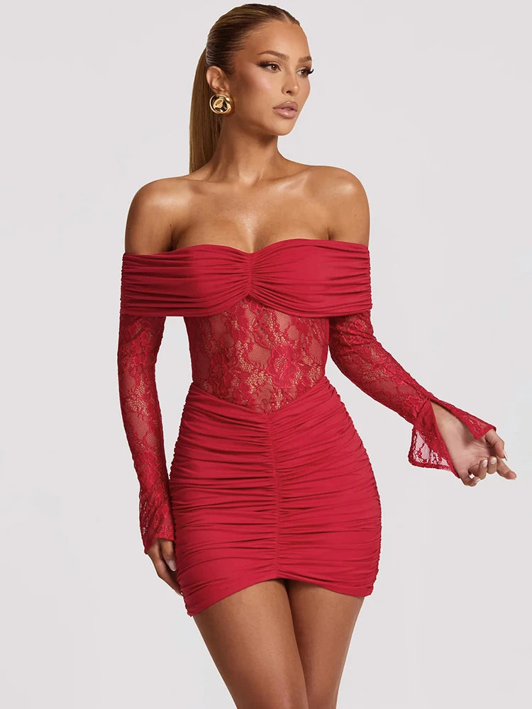 Off-shoulder Strapless Backless Sexy Mini Dress Women Gown Elegant Lace See Through Long Sleeve Ruched Club Party Dress